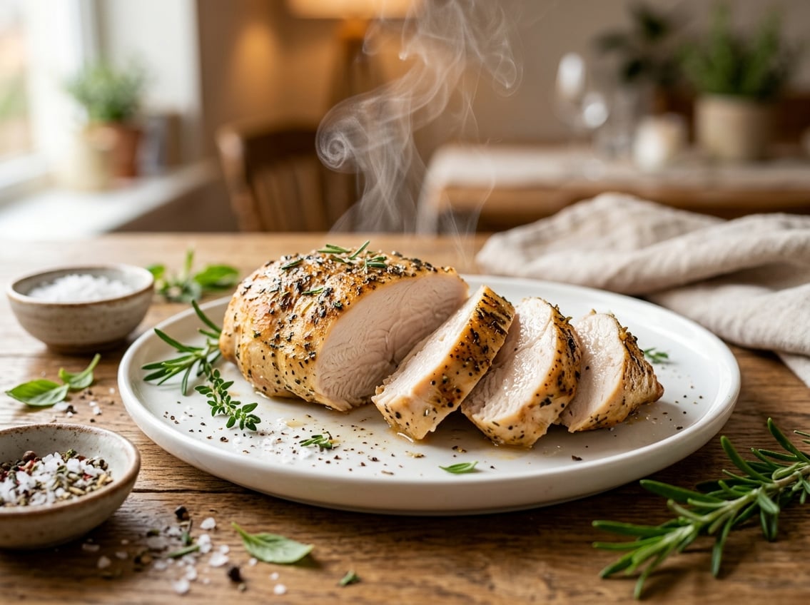 Close-up of a sliced cooked chicken breast on a white plate with fresh herbs around it.