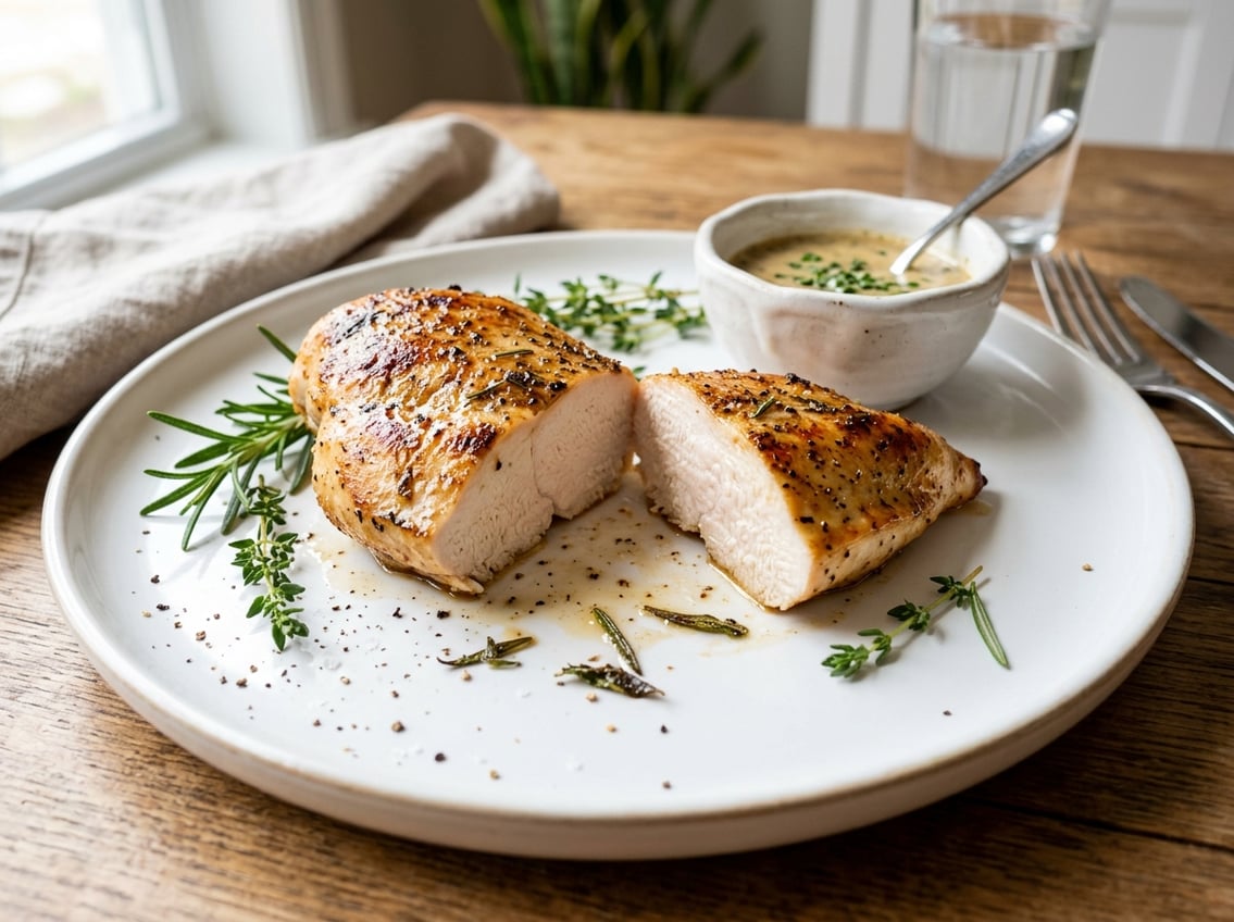 Close-up of a cooked chicken breast sliced open on a white plate with fresh herbs and dipping sauce nearby.