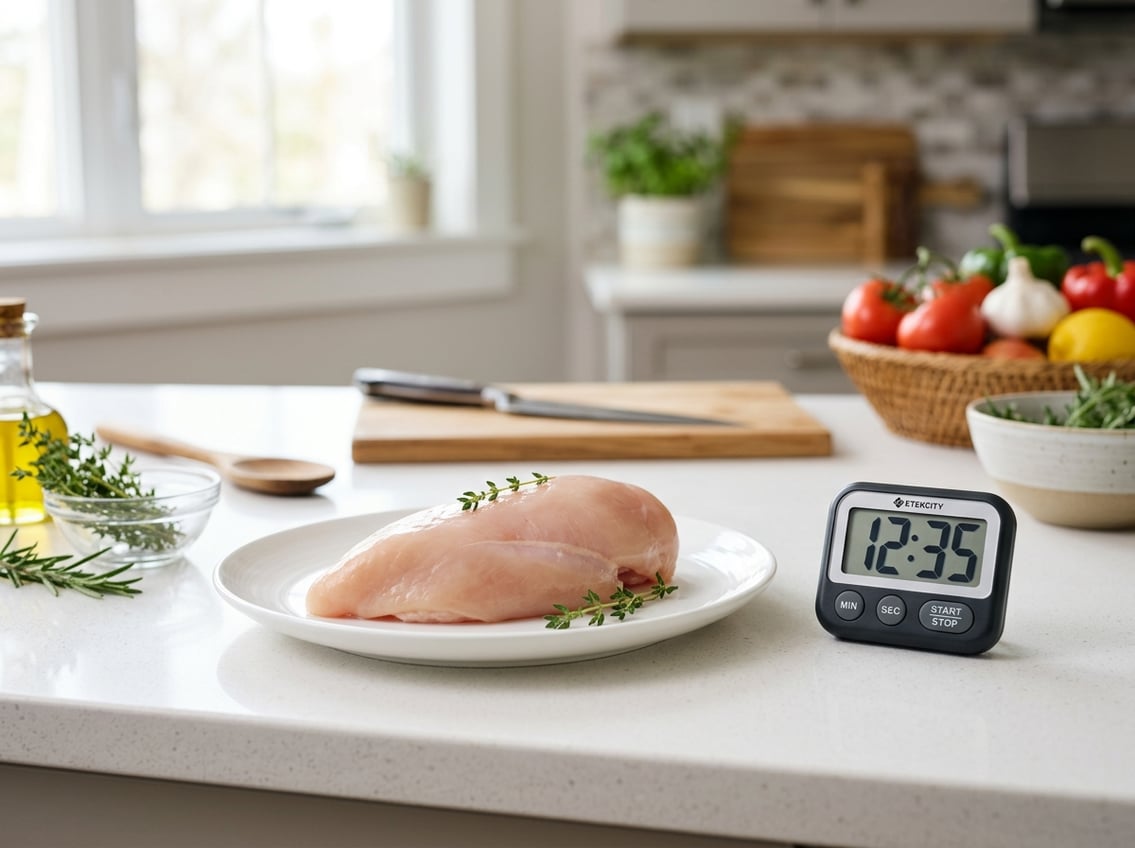 Raw chicken breast on a white plate next to a digital kitchen timer on a kitchen countertop with fresh herbs in the background.