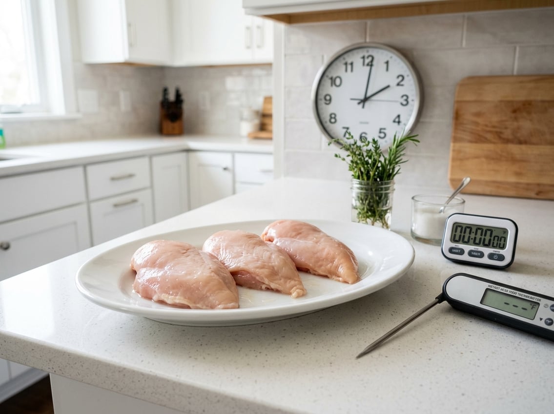 Raw chicken breasts on a white plate on a kitchen countertop with a clock and a digital thermometer nearby.