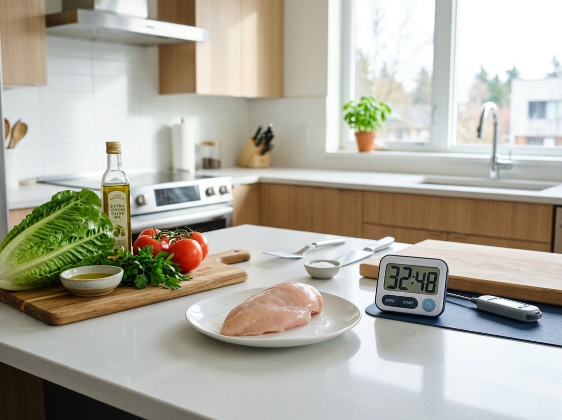 A kitchen countertop with a raw chicken breast on a plate next to a digital timer and fresh vegetables in a clean kitchen setting.