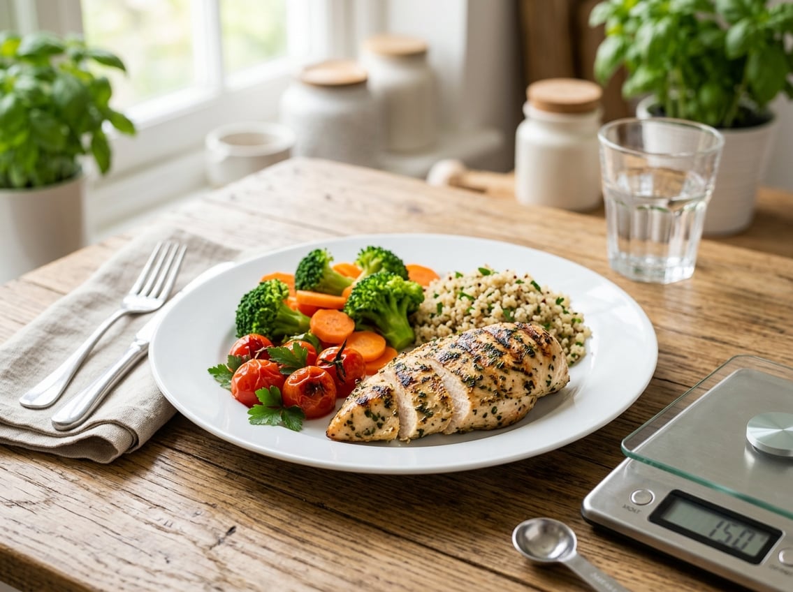 A plate with a grilled chicken breast, steamed vegetables, and whole grains on a table in a bright kitchen setting.