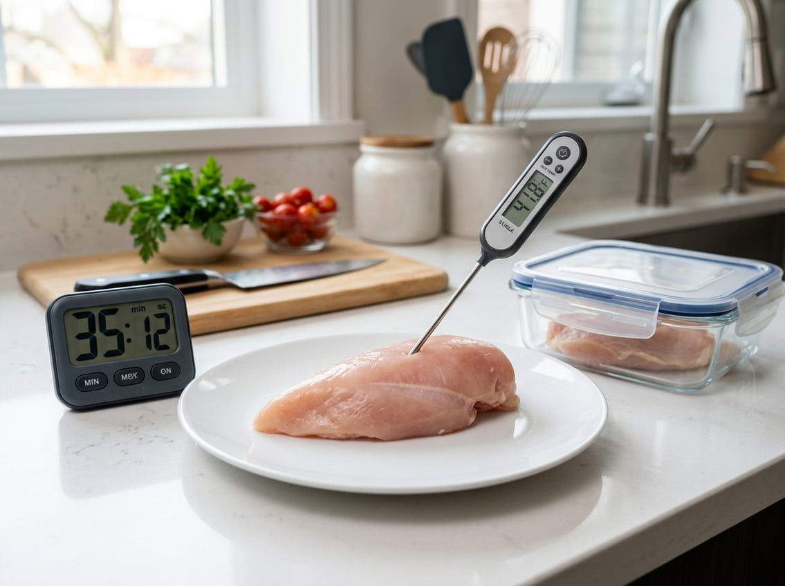 Raw chicken breast on a white plate on a kitchen countertop with a timer and thermometer nearby, indicating food safety precautions.