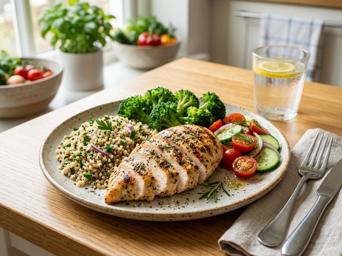 A plate with grilled chicken breast, steamed broccoli, cherry tomatoes, and quinoa on a dining table with natural light.