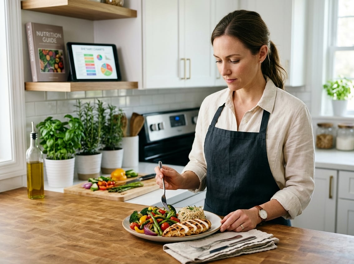 A person in a kitchen preparing a balanced meal with grilled chicken breast and vegetables, appearing thoughtful.