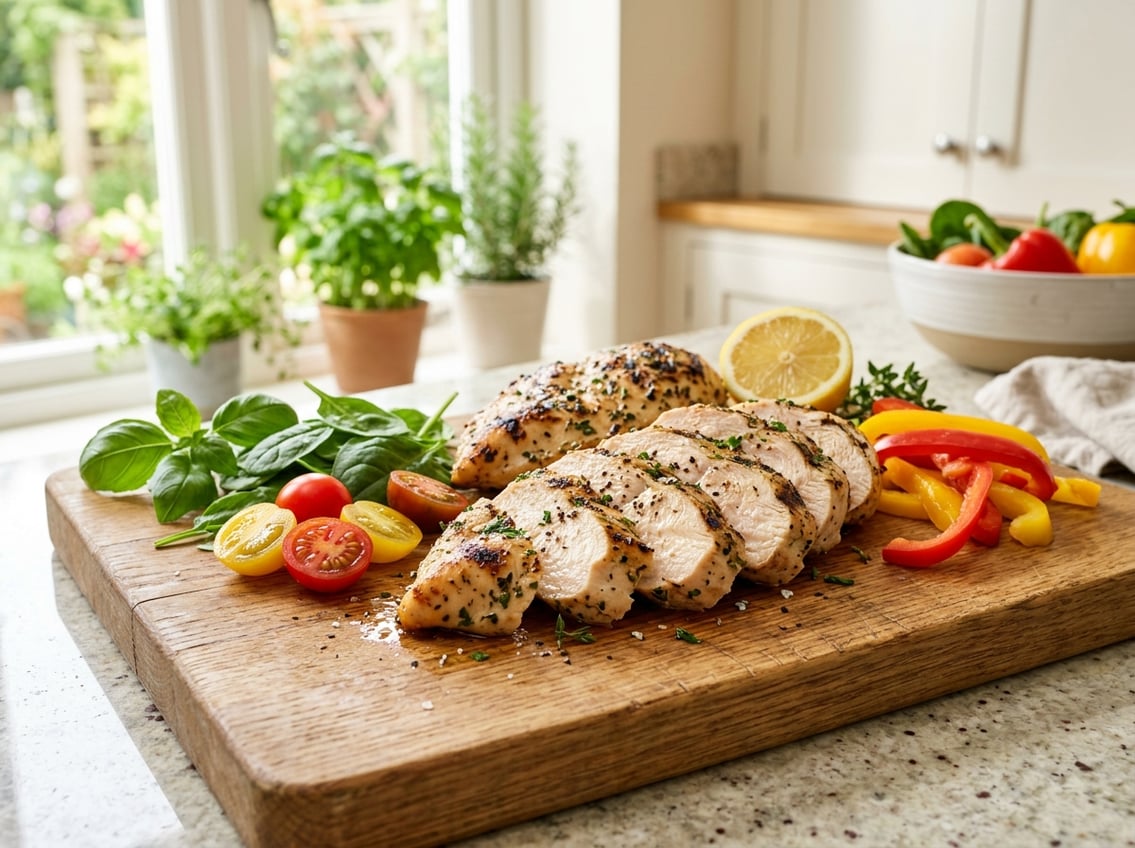 Cooked chicken breasts sliced on a cutting board with fresh vegetables in a bright kitchen.