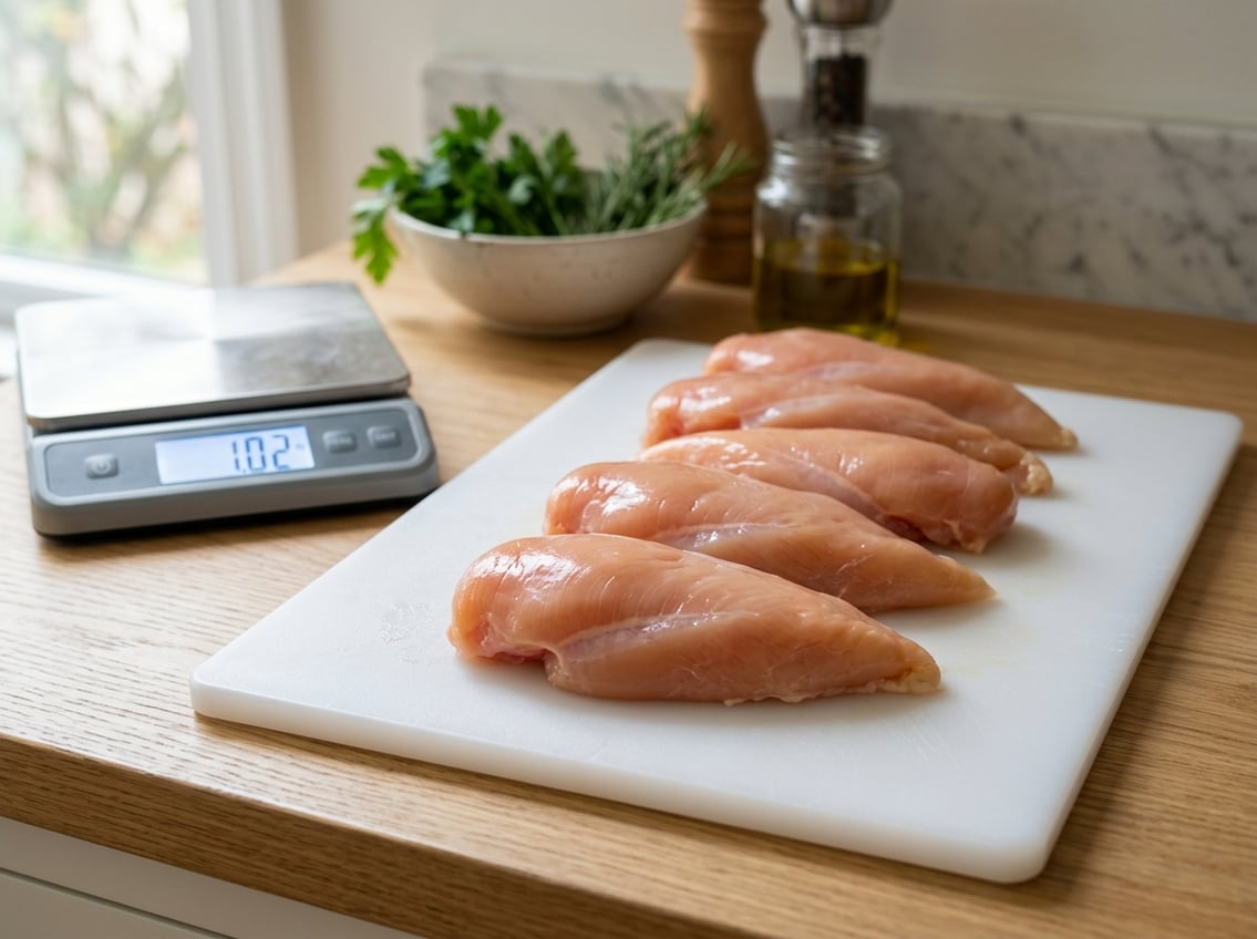 Close-up of raw chicken breasts on a cutting board with a kitchen scale showing one pound.
