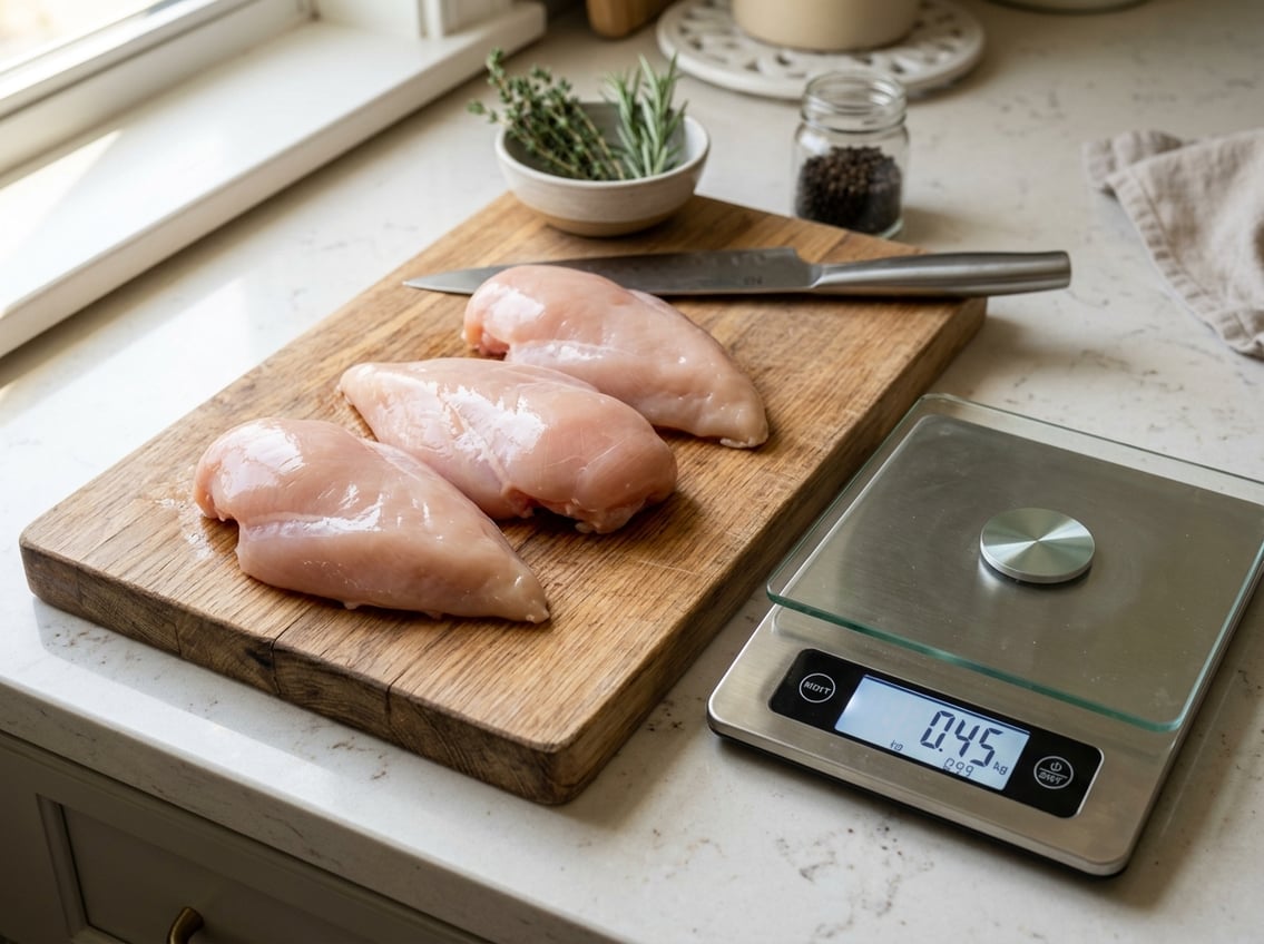Raw chicken breasts on a cutting board next to a kitchen scale showing about one pound in weight.