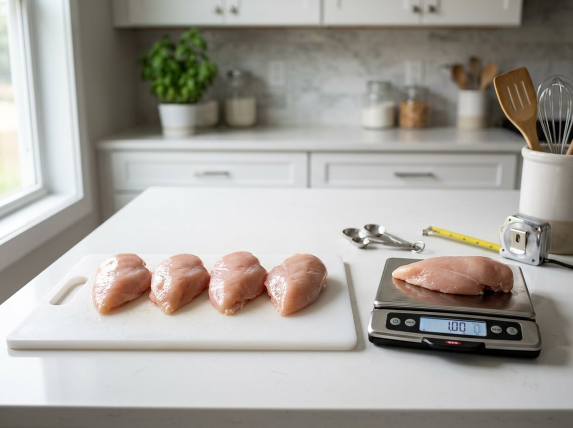 Fresh raw chicken breasts arranged on a cutting board next to a kitchen scale showing one pound.