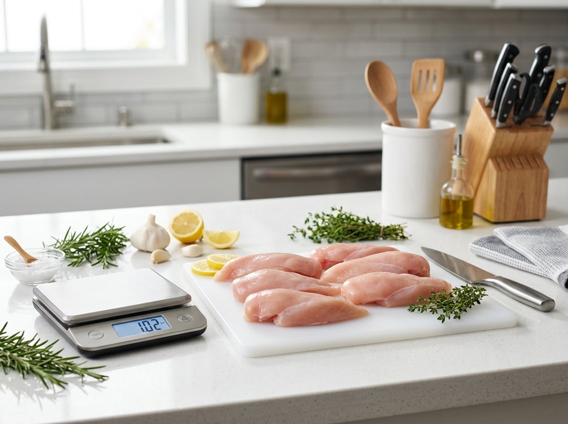 Raw chicken breasts on a cutting board next to a kitchen scale and fresh cooking ingredients in a clean kitchen.