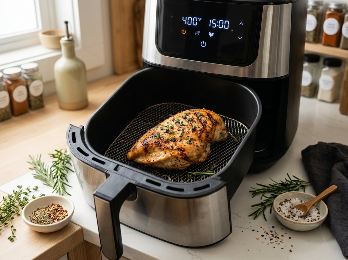 A cooked chicken breast inside an open air fryer basket on a kitchen countertop with fresh herbs nearby.