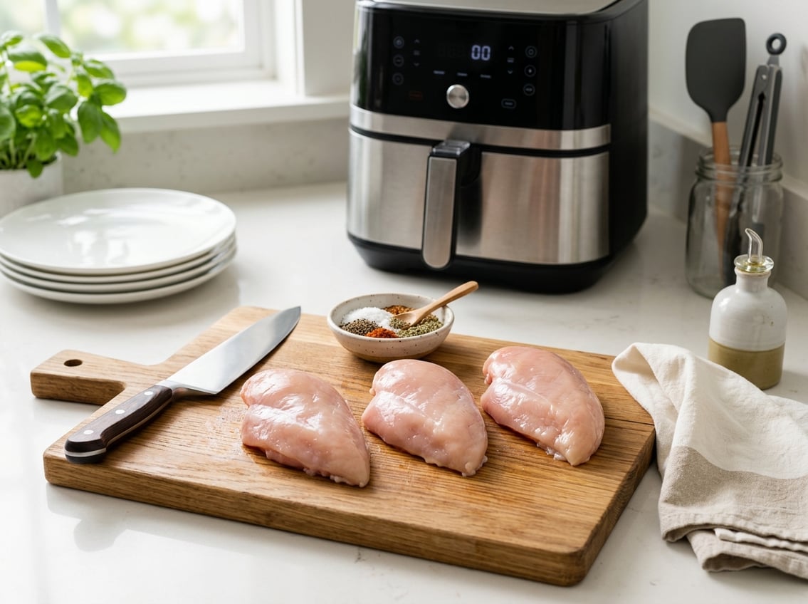 Raw chicken breasts on a wooden cutting board with kitchen utensils and an air fryer in the background.