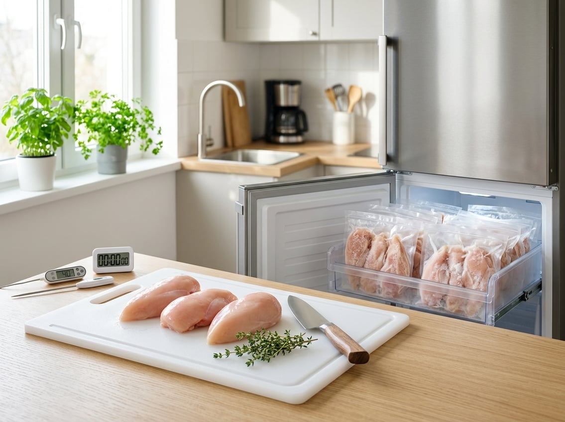 Fresh raw chicken breasts on a cutting board next to a freezer with frozen chicken packages in a clean kitchen.