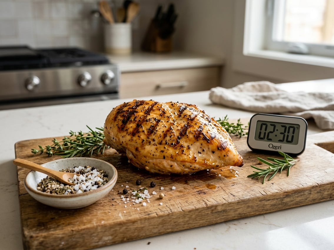 A cooked chicken breast resting on a wooden cutting board with herbs and a kitchen timer nearby on a kitchen countertop.