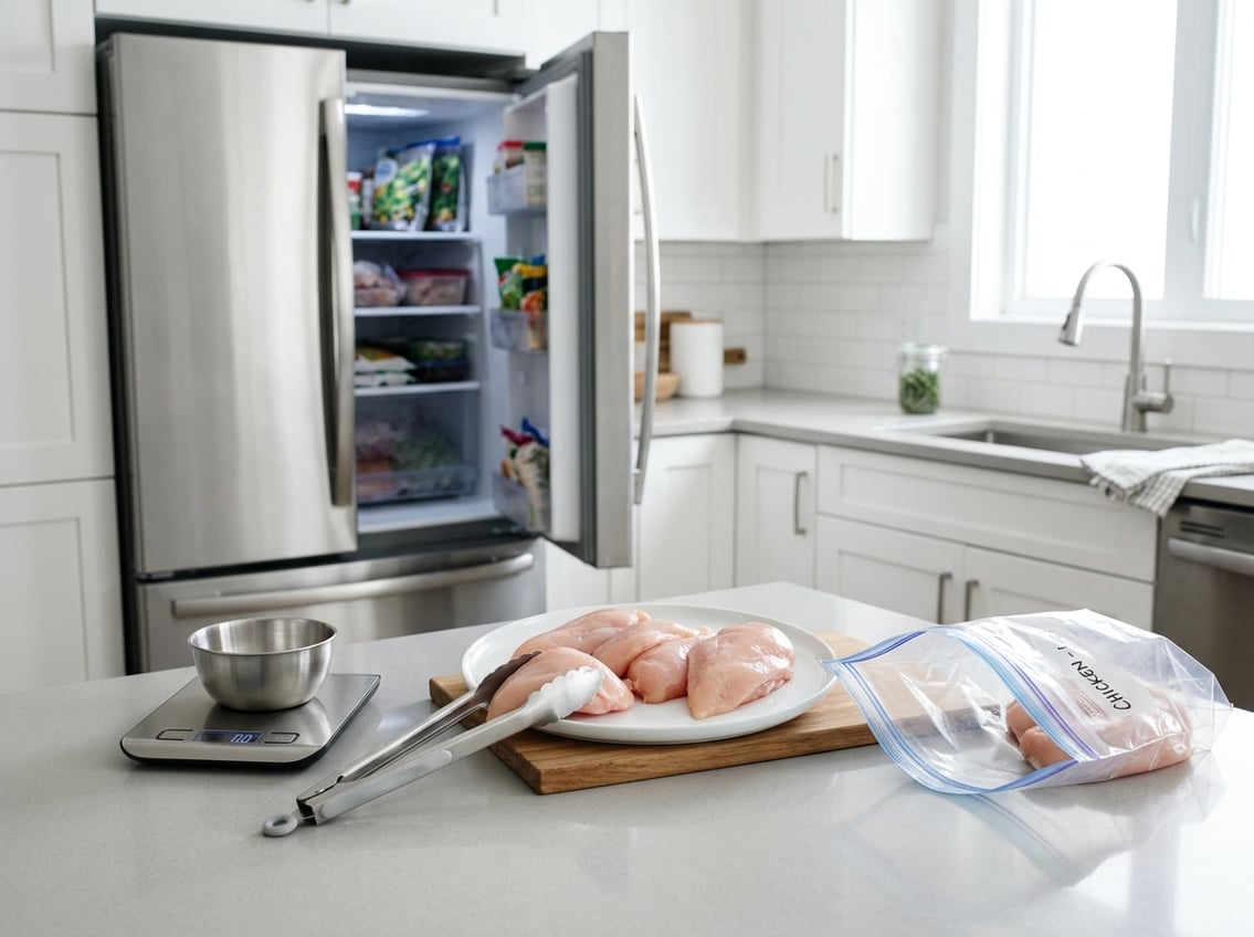 Raw chicken breasts on a plate next to a freezer bag on a kitchen countertop with a refrigerator in the background.