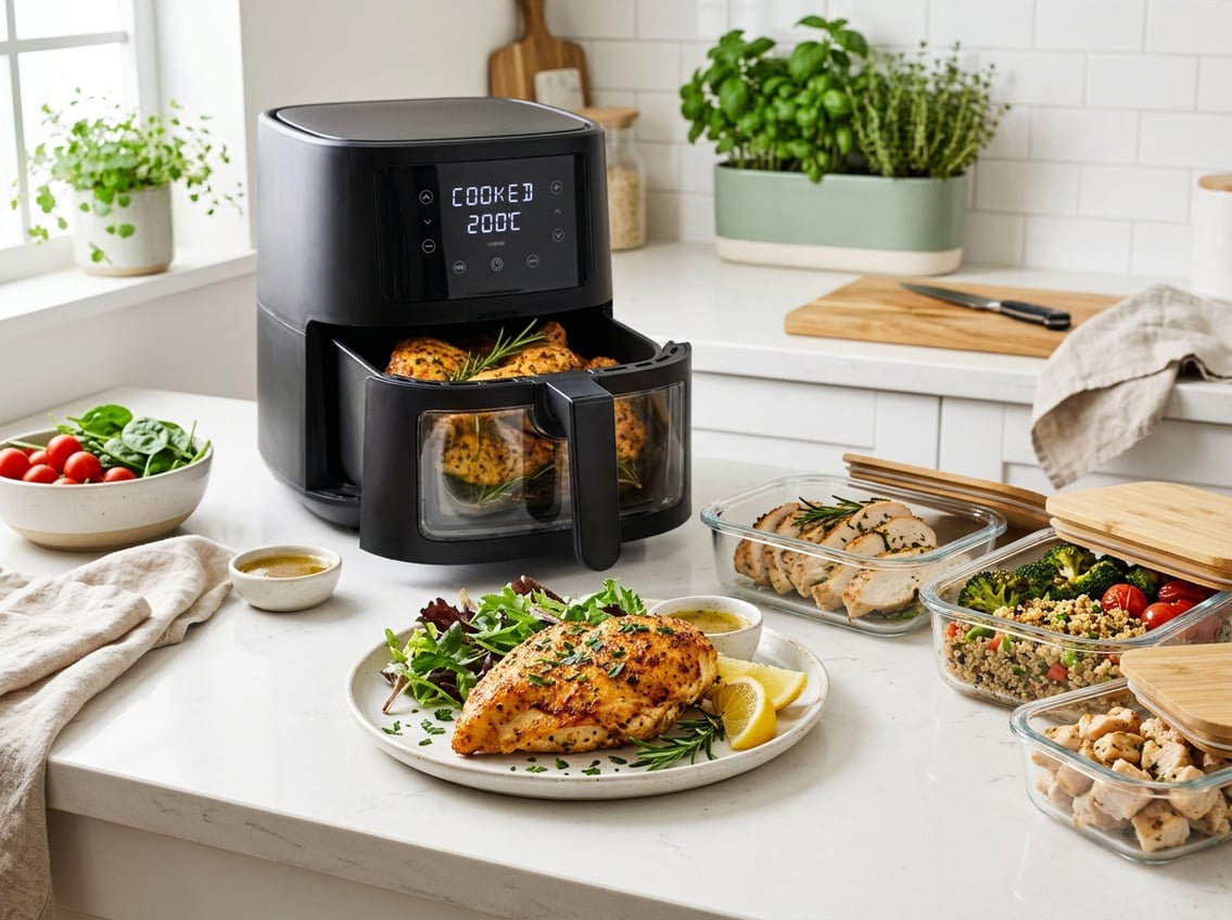 A cooked chicken breast on a white plate next to an open air fryer and glass containers with stored leftover chicken and vegetables on a kitchen countertop.