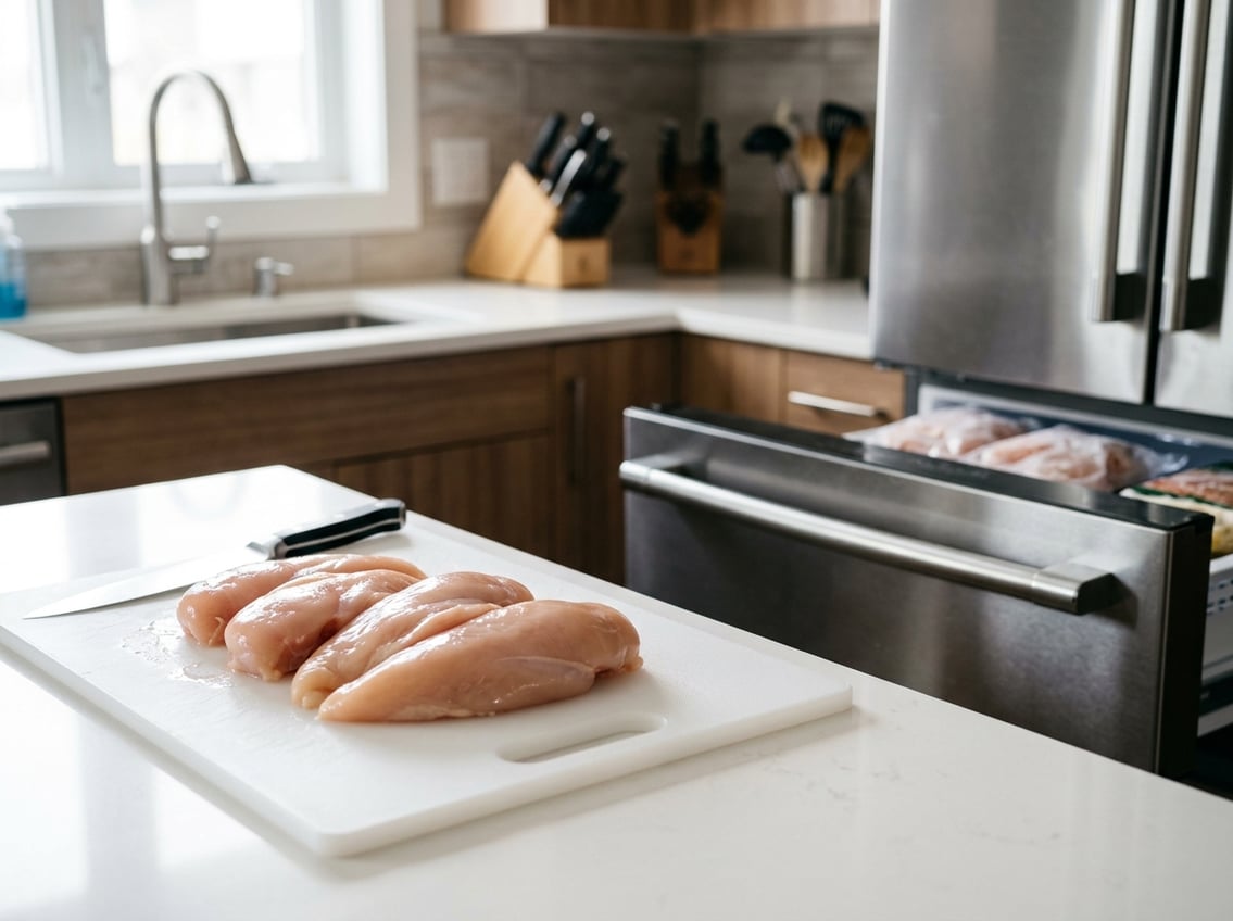 Raw chicken breasts on a cutting board next to an open freezer drawer containing frozen chicken.