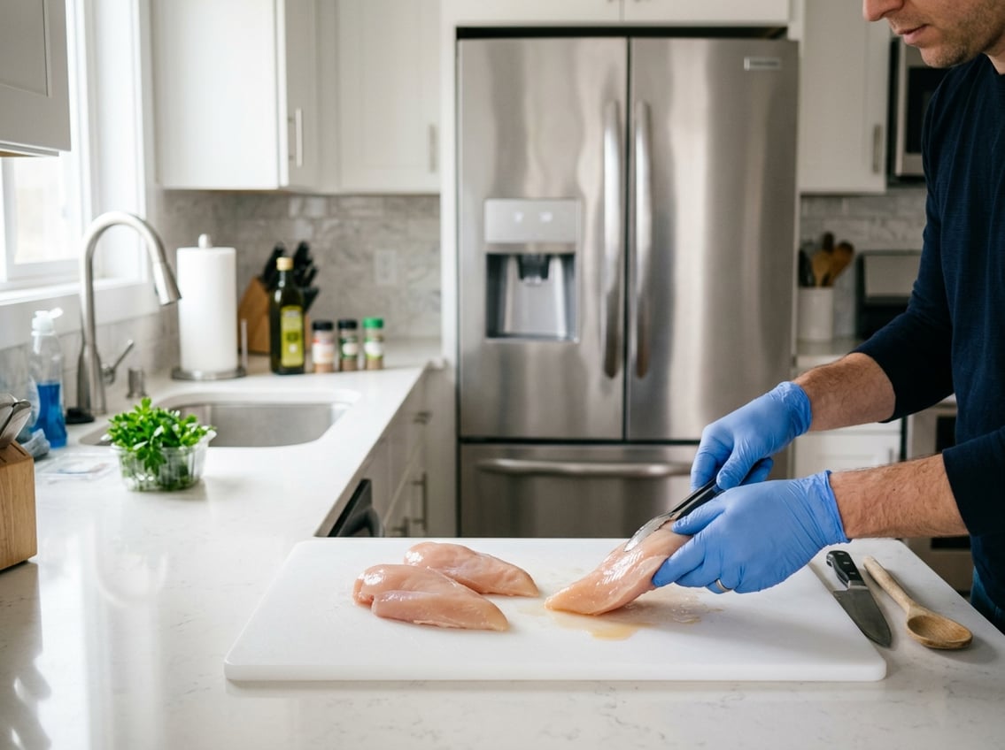 Raw chicken breasts on a cutting board in a kitchen with a person wearing gloves handling them, with a refrigerator and freezer in the background.