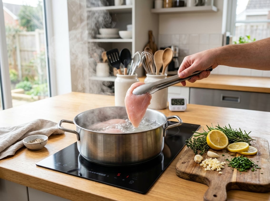 A kitchen countertop with a pot of boiling water on the stove and raw chicken breasts being placed into the pot using tongs, surrounded by fresh ingredients.