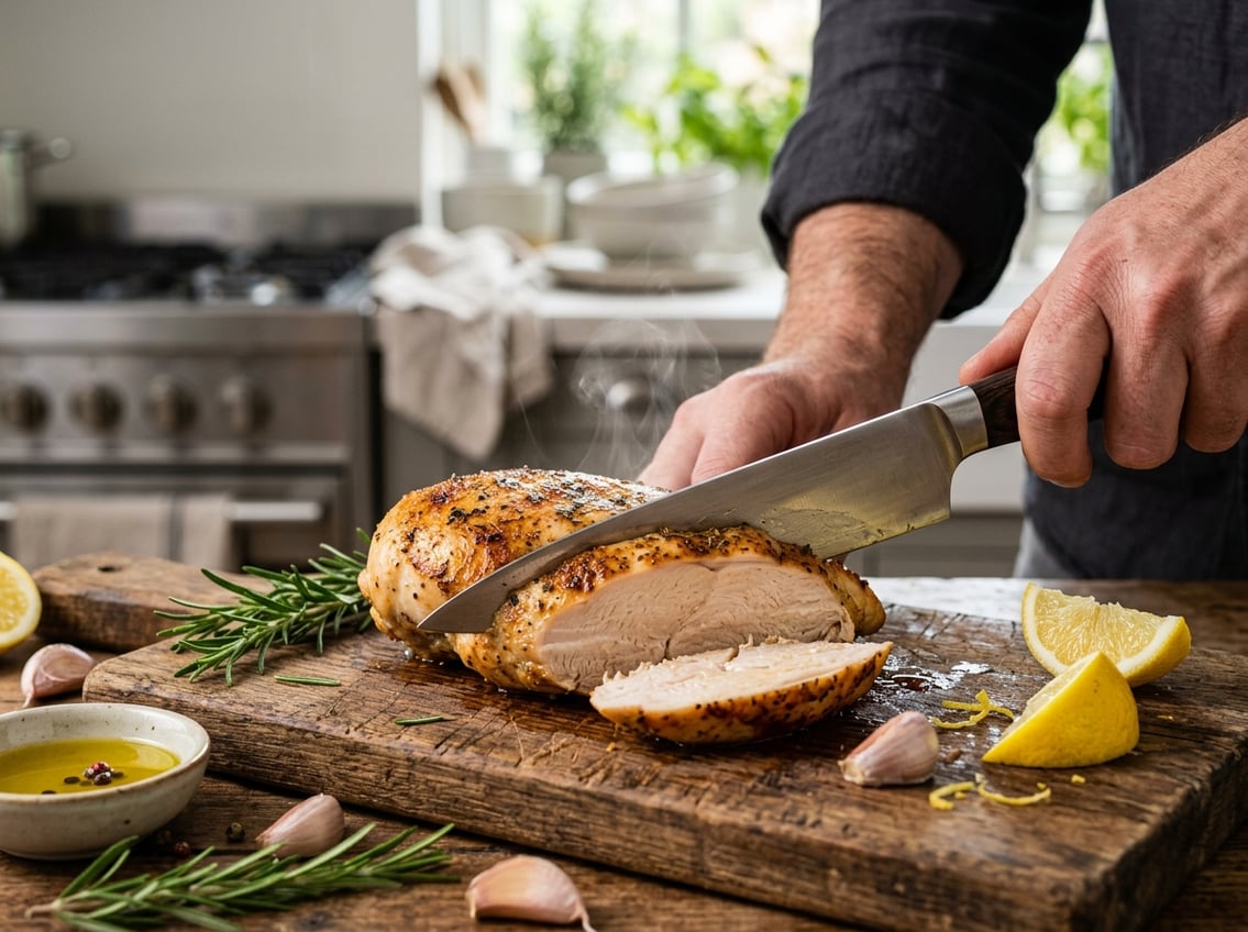 A sliced juicy chicken breast on a wooden cutting board with fresh herbs, lemon wedges, and garlic in a kitchen setting.