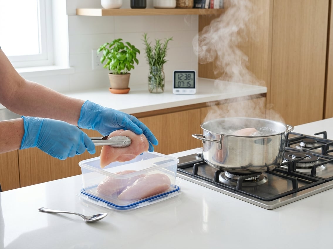 Hands placing raw chicken breasts into a storage container next to a pot of boiling water on a kitchen stove.