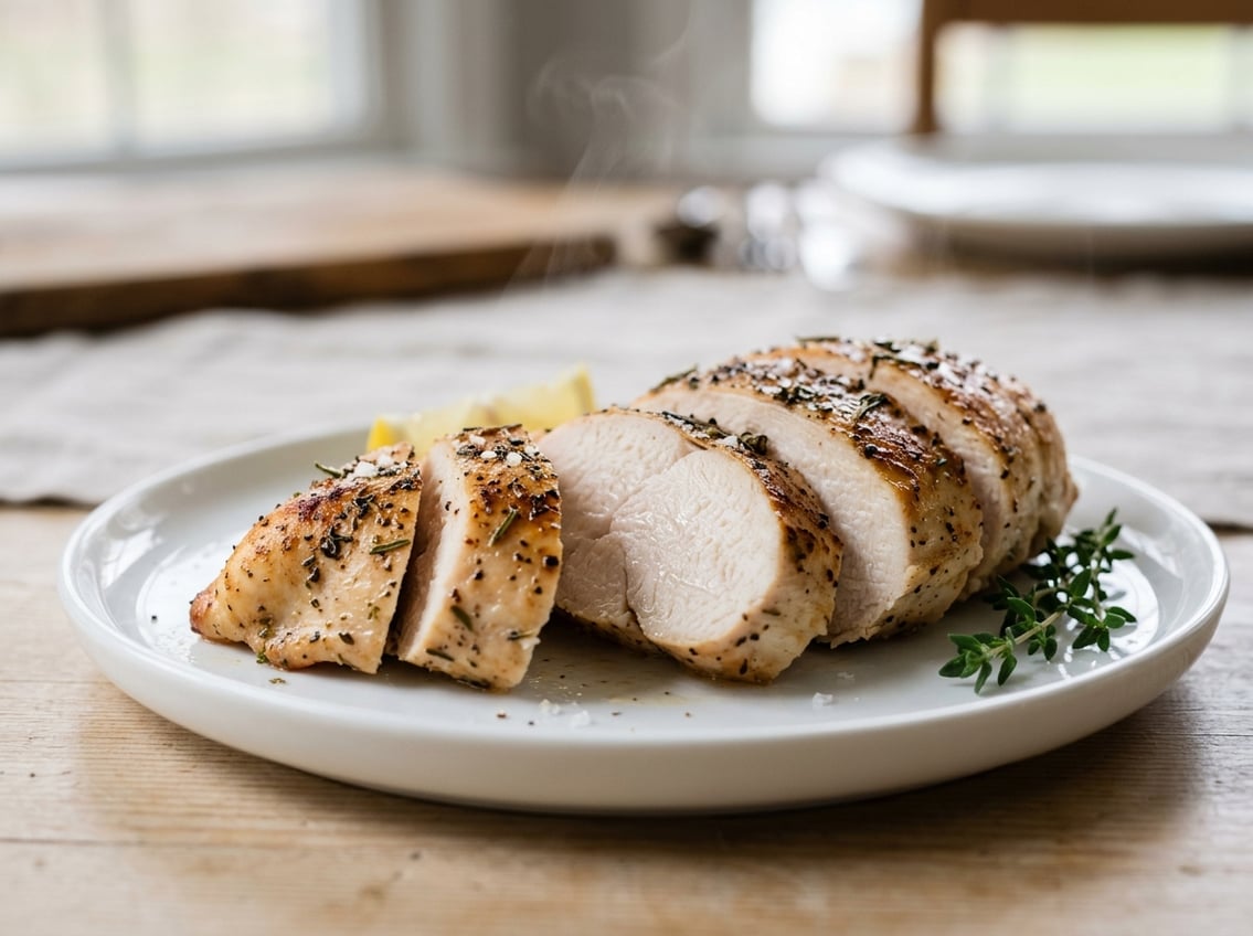 A sliced cooked chicken breast on a white plate showing a fully cooked white interior and golden exterior.