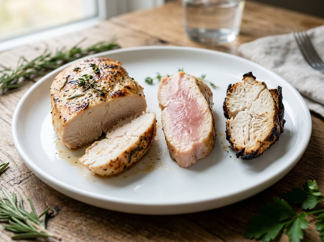 Three sliced chicken breasts on a white plate showing undercooked, properly cooked, and overcooked appearances, with fresh herbs on a wooden table.