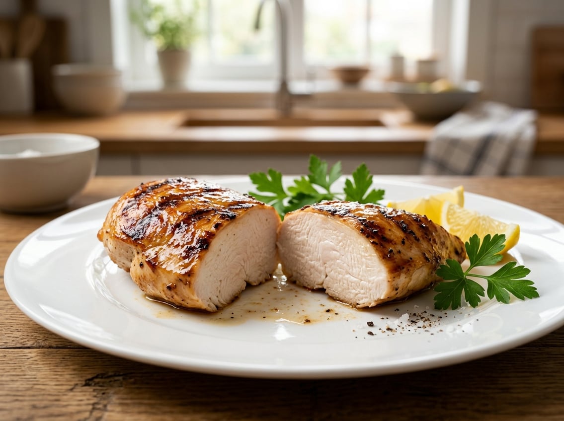 A sliced cooked chicken breast on a white plate garnished with herbs and lemon slices.