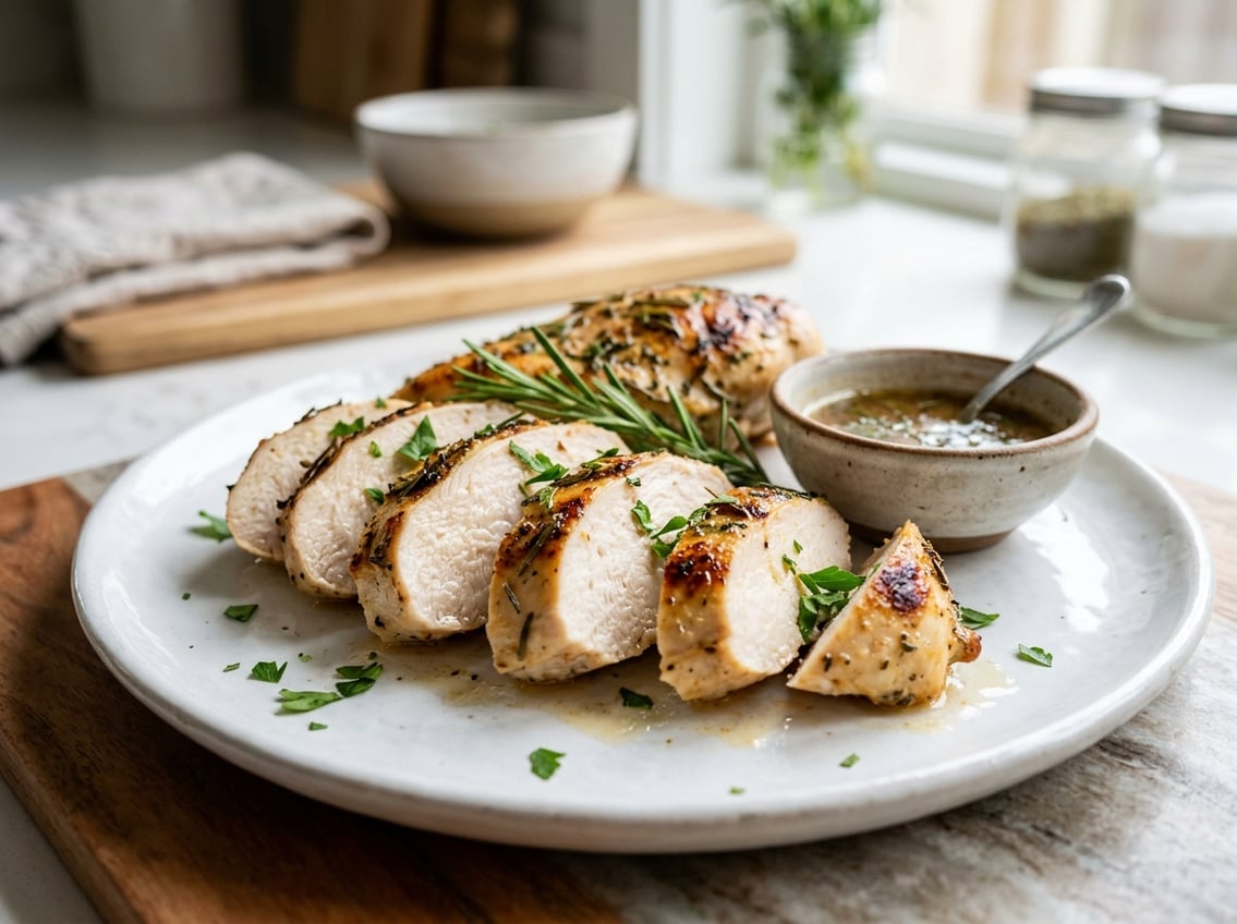 A sliced cooked chicken breast on a white plate with fresh herbs and a small bowl of sauce on a kitchen countertop.