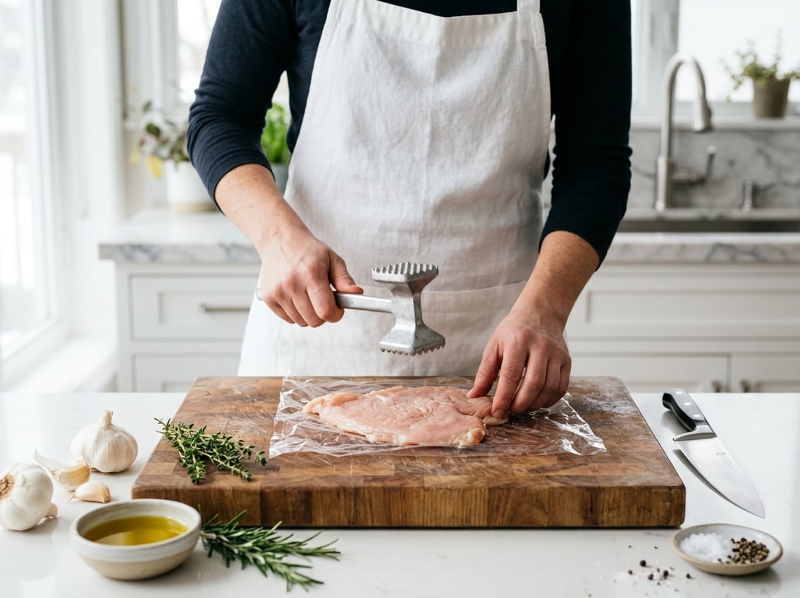 Hands pounding a raw chicken breast with a meat mallet on a wooden cutting board in a kitchen setting with fresh ingredients nearby.