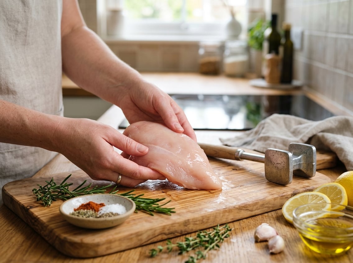 Hands holding a raw chicken breast on a cutting board with a meat mallet nearby in a kitchen setting.