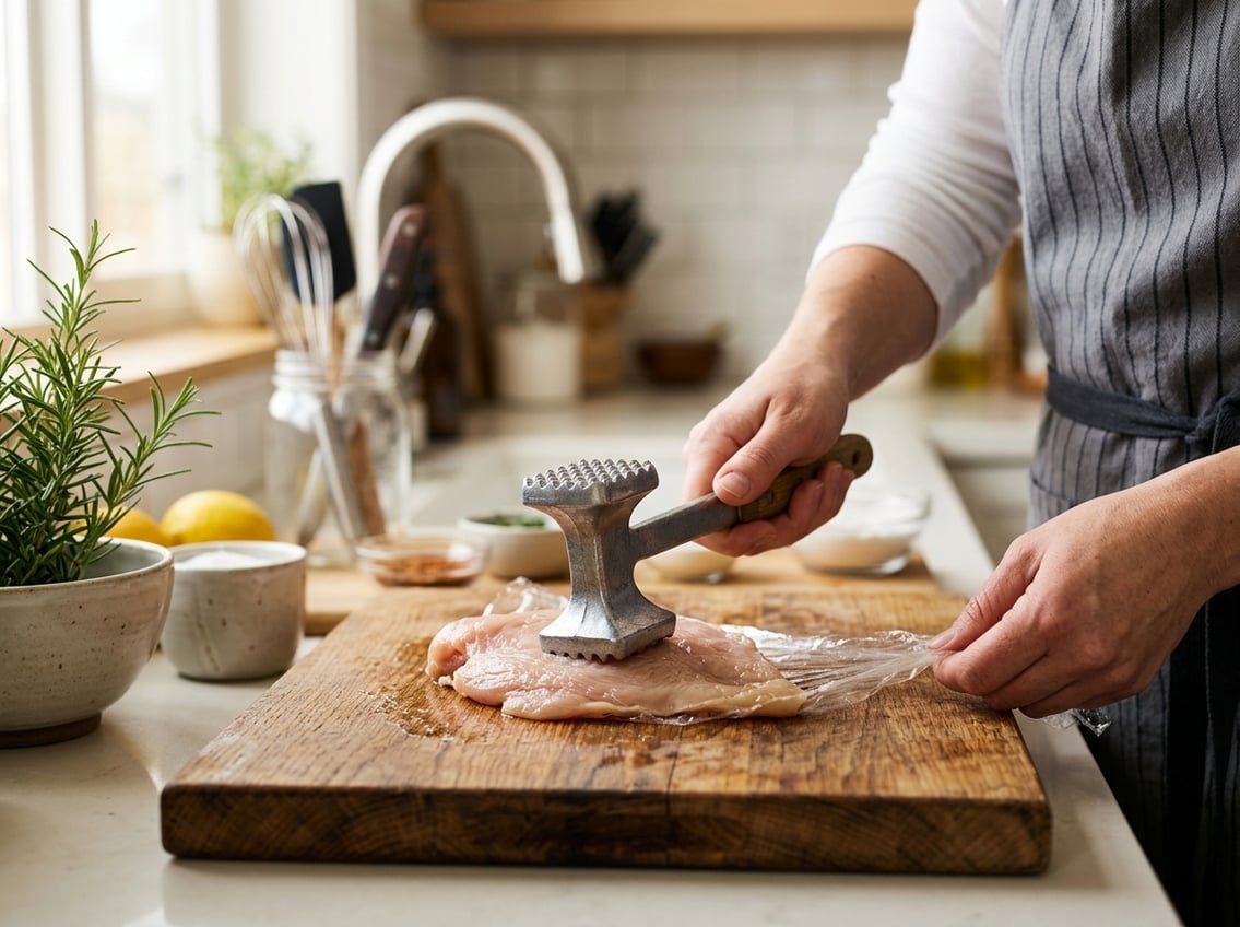 A person pounding a chicken breast on a wooden cutting board with a meat mallet in a kitchen.