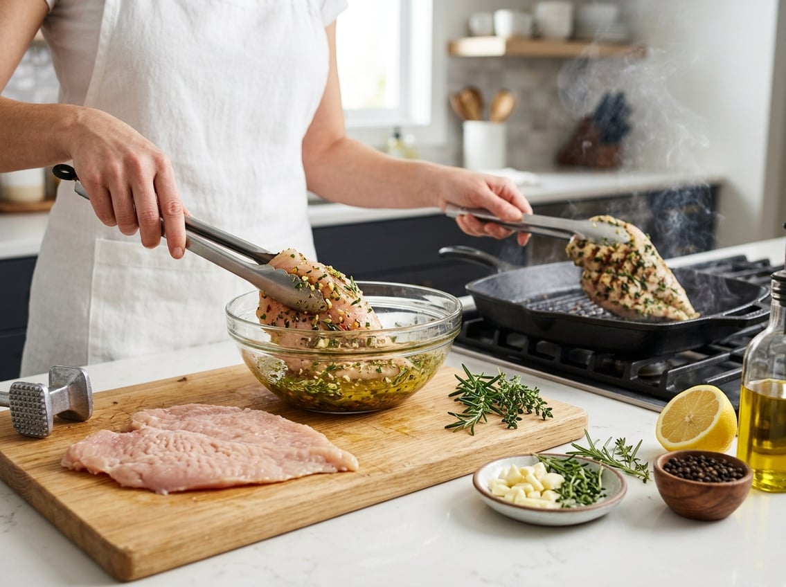 A person marinating and cooking a tenderized chicken breast in a kitchen with fresh herbs and spices nearby.