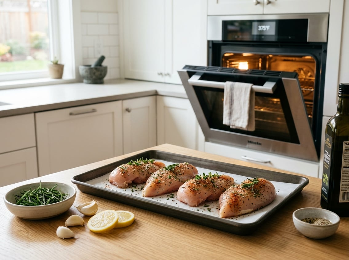 Raw seasoned chicken breasts on a baking tray in a kitchen with fresh herbs and ingredients nearby.