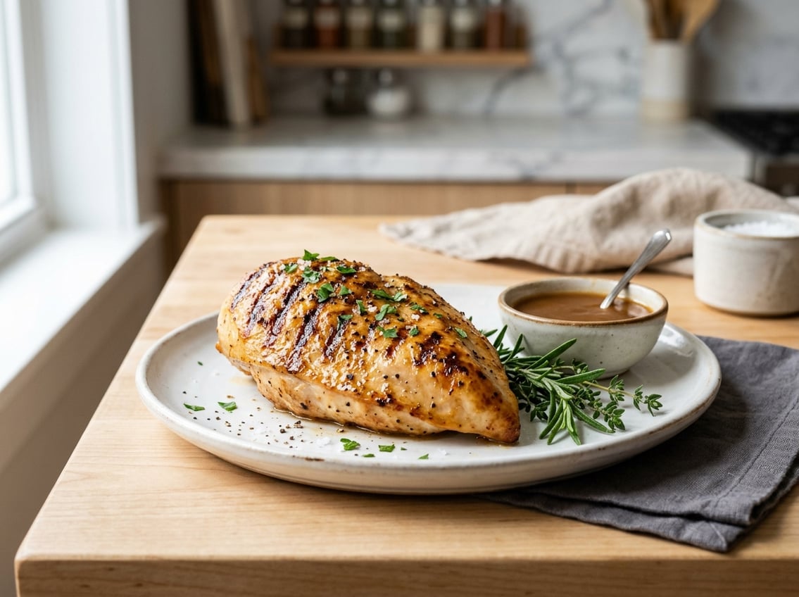 A juicy cooked chicken breast on a white plate with fresh herbs and sauce on a kitchen countertop.