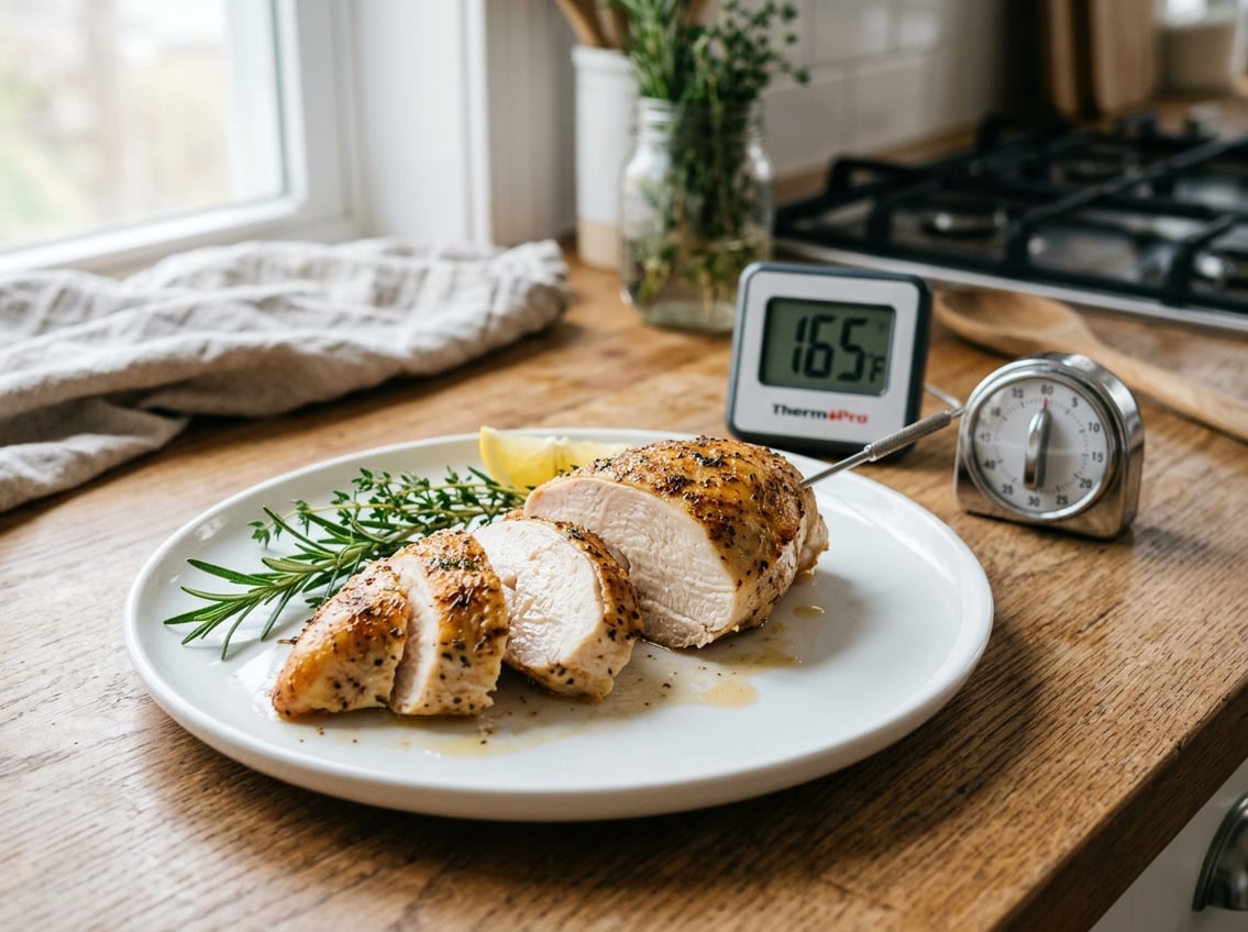 Sliced baked chicken breast on a white plate with herbs, a kitchen timer, and a meat thermometer on a wooden countertop.