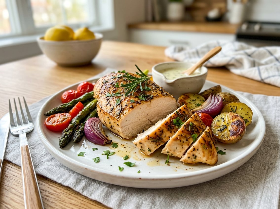A plated baked chicken breast sliced with roasted vegetables and sauce on a kitchen table.