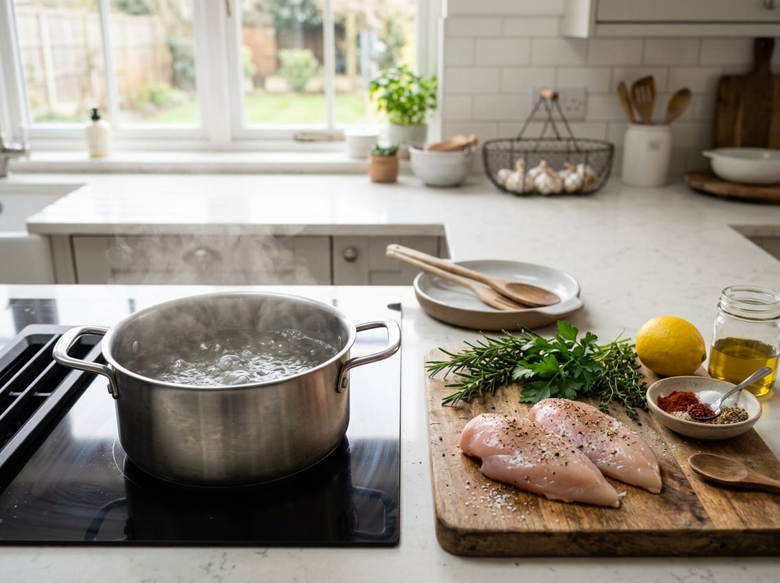 A kitchen scene showing a pot of boiling water on a stove with raw chicken breasts on a cutting board and fresh herbs nearby.