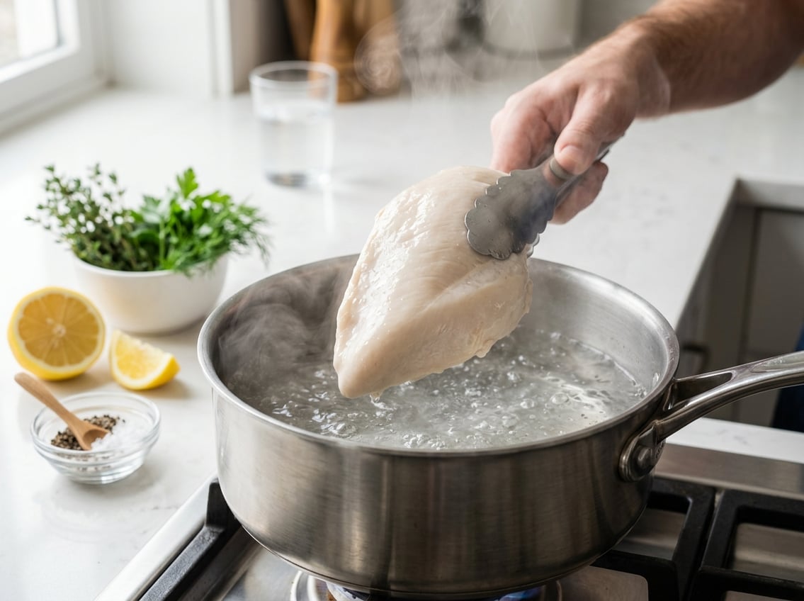 Close-up of a cooked chicken breast being lifted from a pot of simmering water in a kitchen setting with fresh herbs and lemon on the countertop.