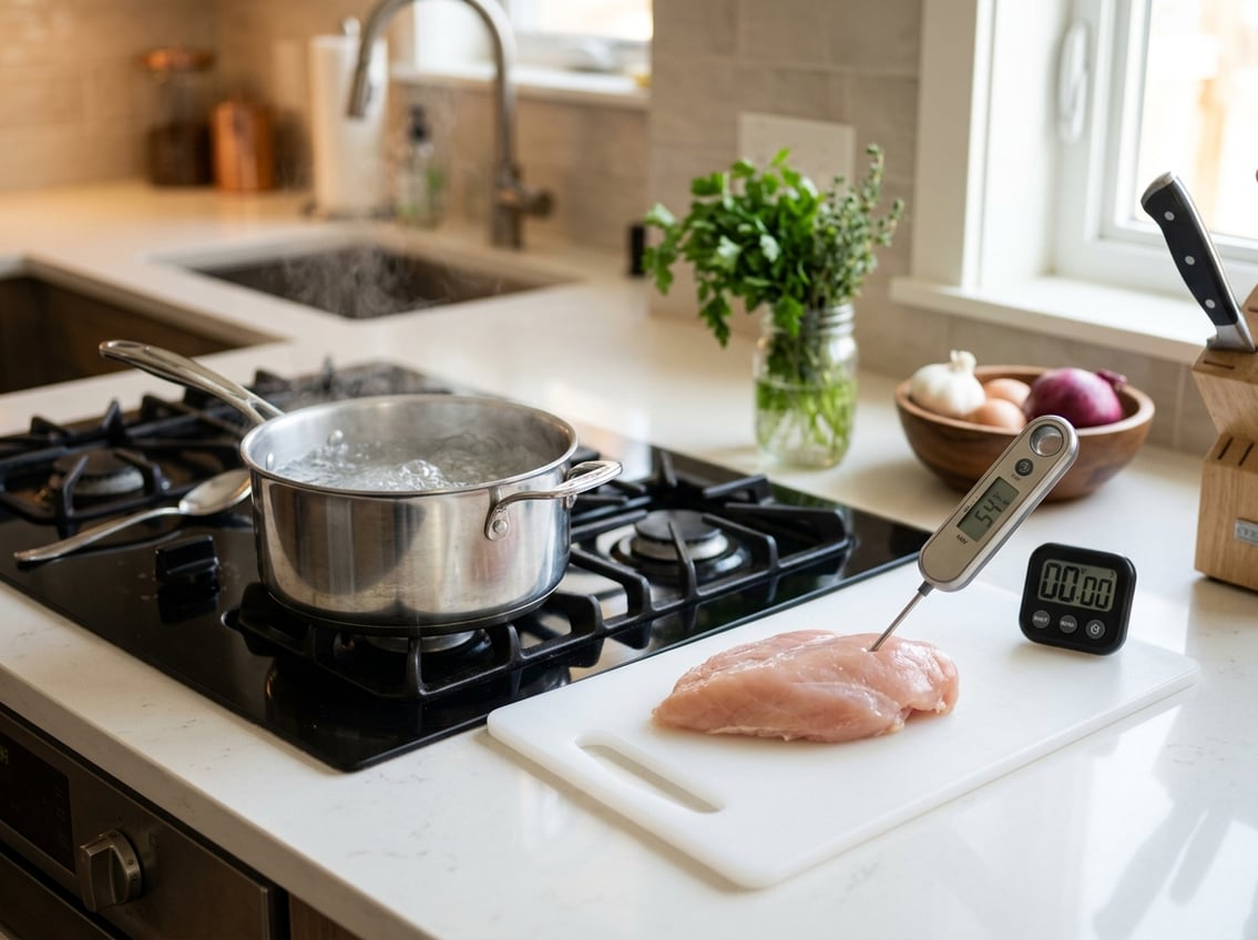 A kitchen scene with a pot boiling on the stove, a raw chicken breast on a cutting board, a kitchen thermometer, and a timer on the countertop.