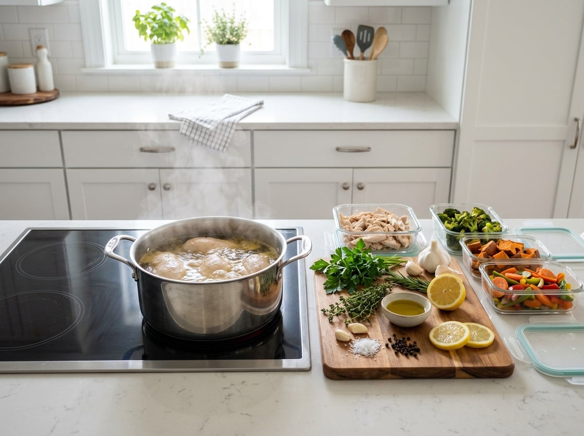 A kitchen scene showing chicken breasts boiling in a pot on the stove with fresh ingredients and meal prep containers on the countertop.