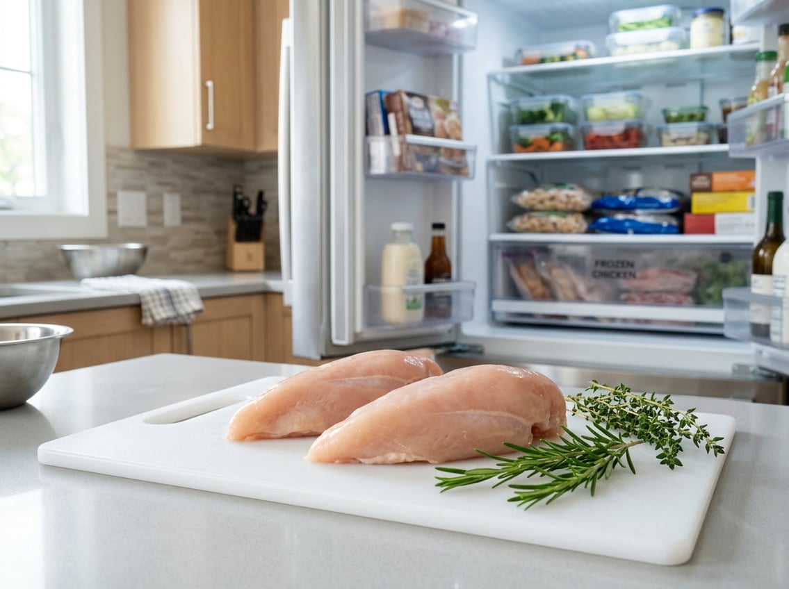 Raw chicken breasts on a cutting board with fresh herbs in a kitchen near an open refrigerator with frozen food inside.