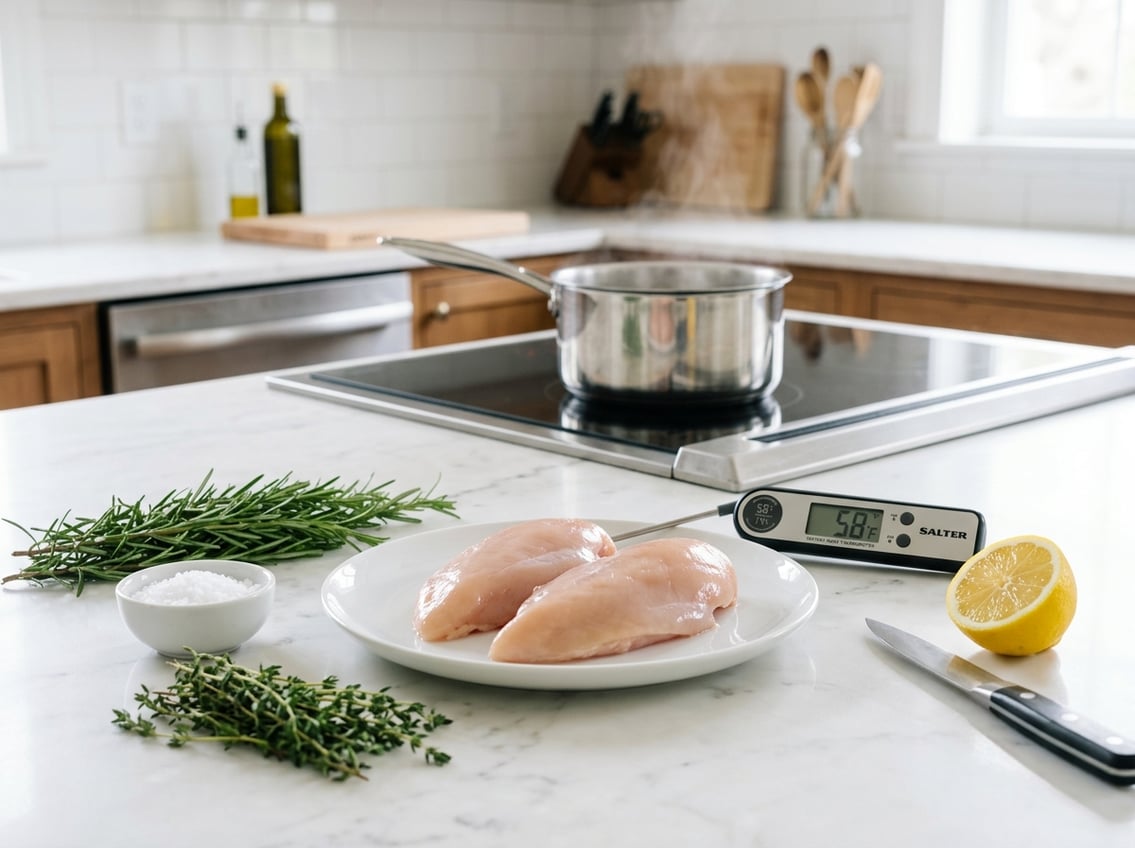 Raw chicken breasts on a plate with herbs and a kitchen thermometer on a countertop next to a stove with a pot simmering.