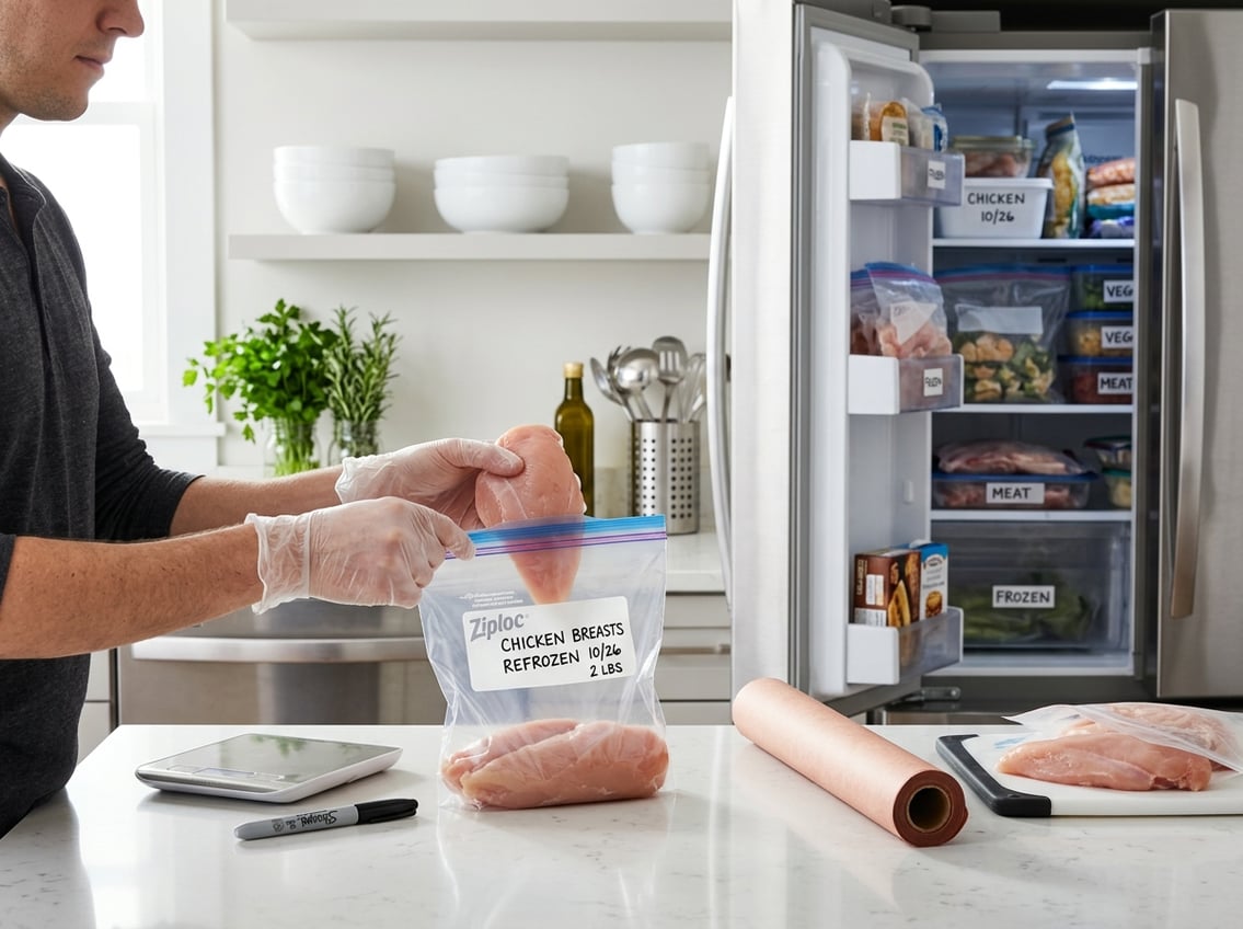 Hands placing raw chicken breasts into a freezer-safe bag in a clean kitchen with an open freezer in the background.