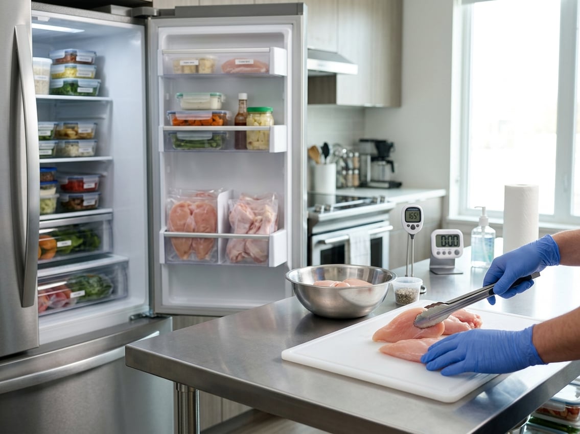 Hands wearing gloves handling raw chicken breasts on a cutting board in a clean kitchen with an open refrigerator and kitchen tools nearby.