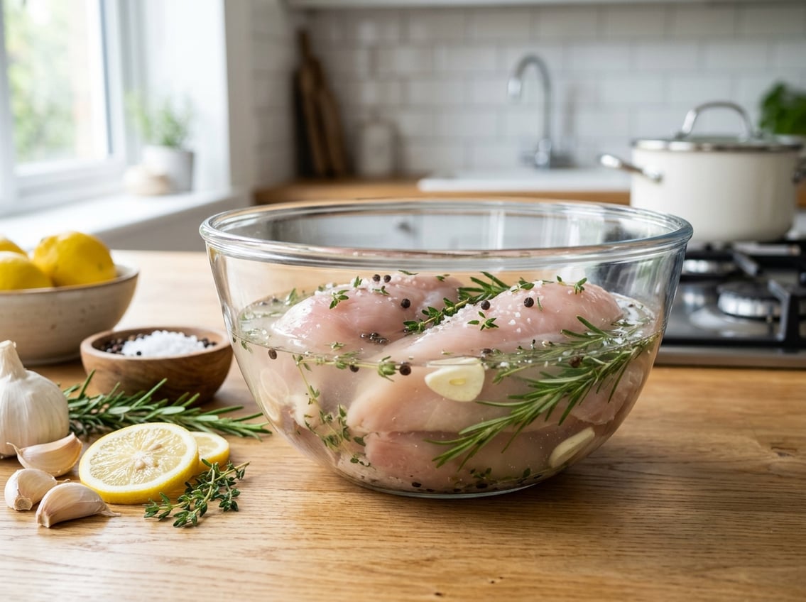 Close-up of raw chicken breasts soaking in a glass bowl with brine and fresh herbs on a kitchen countertop.