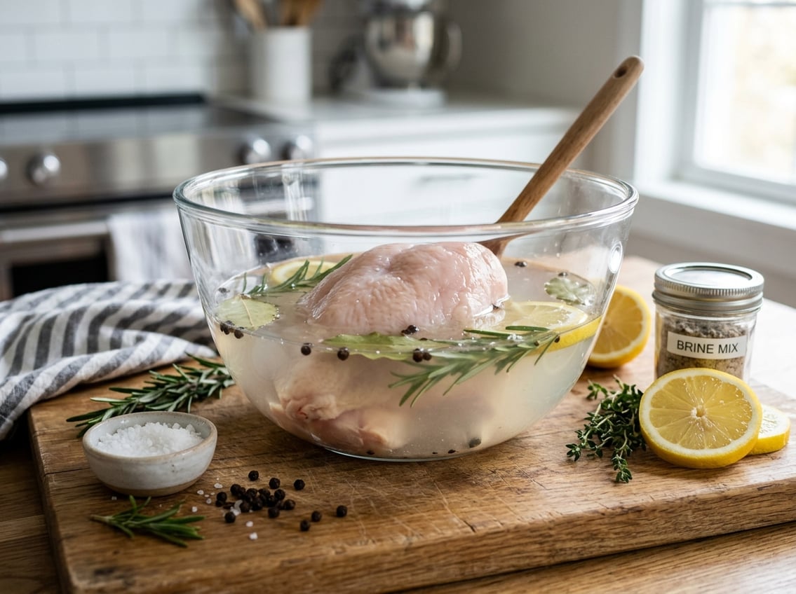 Close-up of raw chicken breast being placed in a glass bowl of saltwater brine with herbs and spices on a kitchen countertop.
