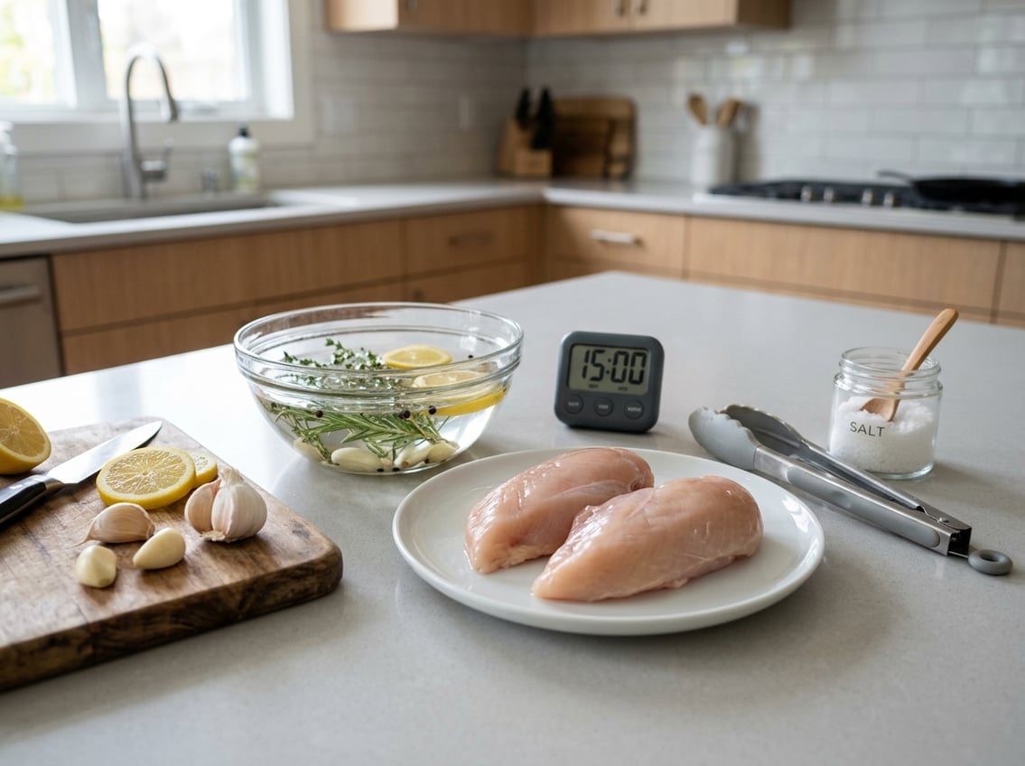 Raw chicken breasts on a plate next to a bowl of brine and fresh herbs on a kitchen countertop.