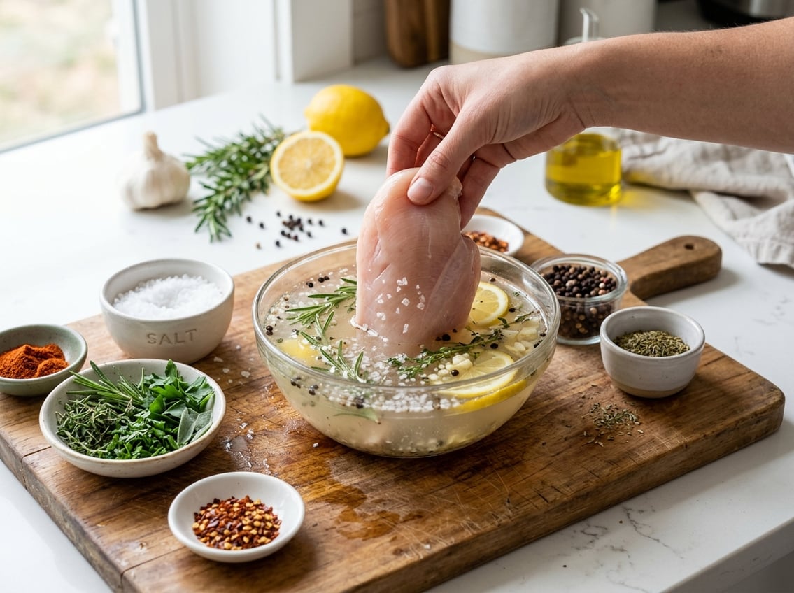 Close-up of a chicken breast being placed into a bowl of brine with various herbs and spices arranged around it on a kitchen countertop.