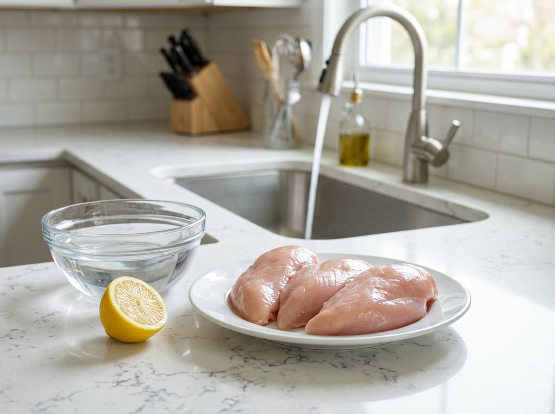 Raw chicken breasts on a plate next to a bowl of water and lemon near a kitchen sink with running water.